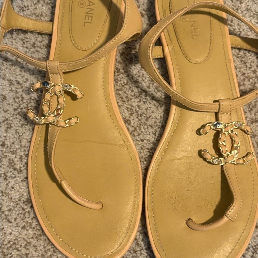 CHANEL Tan and Gold Sandals with Elegant Design